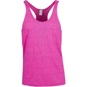 A pink athletic T-back singlet featuring a racerback design and a small logo.