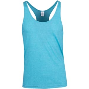 A teal athletic T-back singlet featuring a scoop neckline and a branded label.