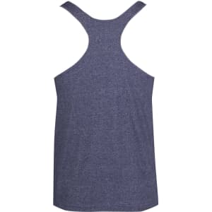 A navy blue athletic T-back singlet with a simple design and a logo on the back.