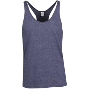 A blue athletic T-back singlet with a slightly textured fabric and a branding logo on the label.