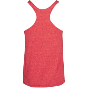 A red athletic T-back singlet with a plain back design and a logo on the fabric.