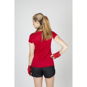 A red women's T-shirt with short sleeves, featuring white accents and a logo, paired with black shorts.