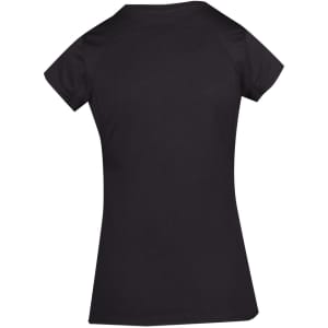 A black women's T-shirt with short sleeves and a fitted design, featuring a logo on the back.