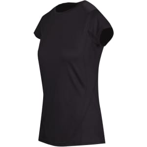 A black Women's Accelerator Cool-Dry T-shirt with a short-sleeve design, featuring a subtle branding logo.