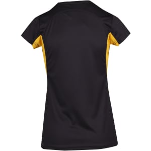 A women's black and yellow t-shirt with a fitted design and short sleeves, featuring a logo on the back.