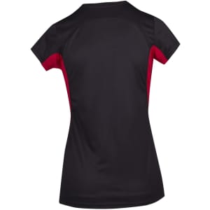 A Women's Accelerator Cool-Dry T-shirt featuring a black body with red accents, showcasing a sporty design.