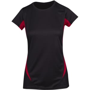 A black Women's Accelerator Cool-Dry T-shirt featuring red side panels and a logo. Short sleeves, lightweight design.