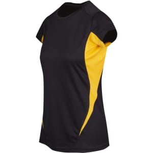A black and yellow Women's Accelerator Cool-Dry T-shirt featuring short sleeves and a sporty design.