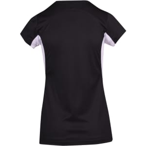 A black women's T-shirt with short sleeves and a contrasting colour panel on the sides. It features a logo on the back.