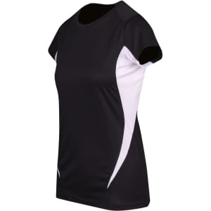 A black women's T-shirt with white side panels and short sleeves, featuring a logo.