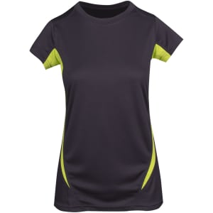 A women's T-shirt in black with bright green accents, featuring a logo. Made from cool-dry fabric.