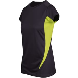 A women's T-shirt featuring a black body with bright lime green panels, and a logo on the shirt.