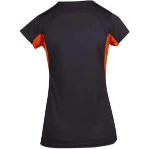 A women's short-sleeve T-shirt in black with orange accents, featuring a logo on the back.