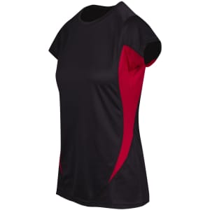A Women's Accelerator Cool-Dry T-shirt featuring a black body with red accents and a logo on the side.