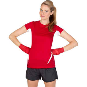 A red women's T-shirt made from cool-dry fabric, featuring white accents, worn by a woman in athletic gear.