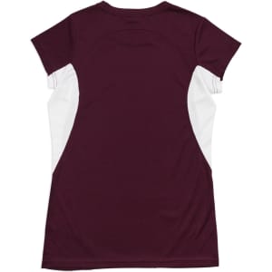 A women's t-shirt in maroon with white side panels and a logo on the back.