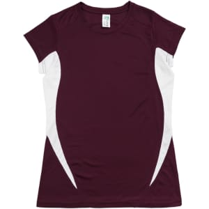 A maroon women's T-shirt featuring white side panels and short sleeves. The shirt has a logo on the label.