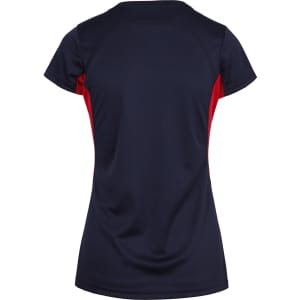 A navy blue Women's Accelerator Cool-Dry T-shirt with red accents, featuring a logo.