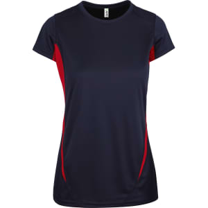 A navy and red Women's Accelerator Cool-Dry T-shirt featuring short sleeves and a logo.
