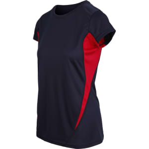 A women's T-shirt in navy blue with red side panels and a smooth finish. It features a logo on the front.