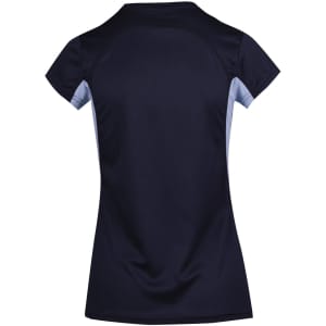 A women's T-shirt in navy blue with light blue accents, featuring a logo. Back view displayed.