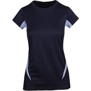 A women's cool-dry T-shirt in navy blue with light blue accents and a logo. Short sleeves and a fitted design.