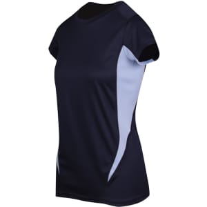 A navy blue women's T-shirt with light blue side panels, featuring a logo on the front.