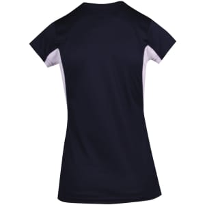 A Women's Accelerator Cool-Dry T-shirt in navy and white with a logo, featuring a fitted design and short sleeves.