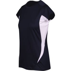 A women's Cool-Dry T-shirt in navy blue with white side panels, featuring a logo. Short sleeves and a fitted design.