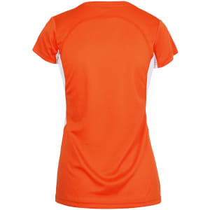 An orange women's T-shirt with white side panels, featuring a fitted design and short sleeves. It has a logo on it.