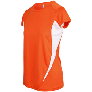 An orange women's T-shirt with short sleeves and white side panels, featuring a brand logo.