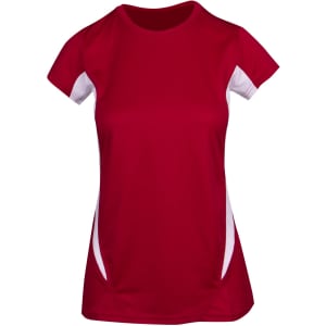 A red women's T-shirt with short sleeves and white side panels, featuring a logo on the front.