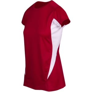 A red and white women's T-shirt with short sleeves and a sporty design, featuring a logo on the side.