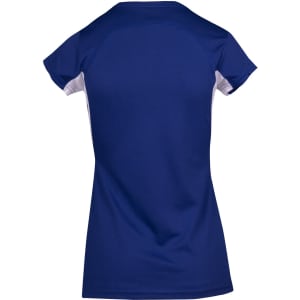 A blue and white women's T-shirt featuring short sleeves and a sporty design, with a logo on the back.