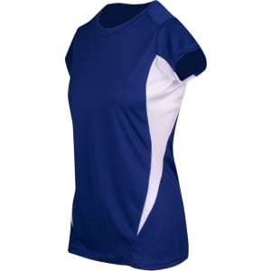 A Women's Accelerator Cool-Dry T-shirt in navy blue with white accents and a fitted design. It features a logo.