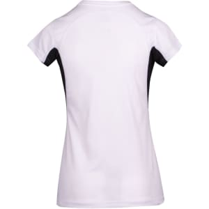 A women's cool-dry T-shirt in white with black side panels and a fitted design. Features a branding logo.