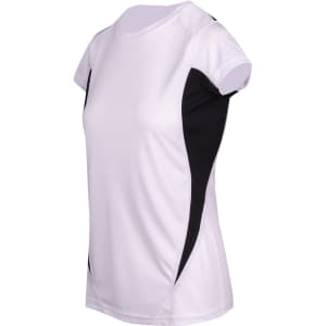 A women's T-shirt in white with black side panels, featuring a logo on the front.