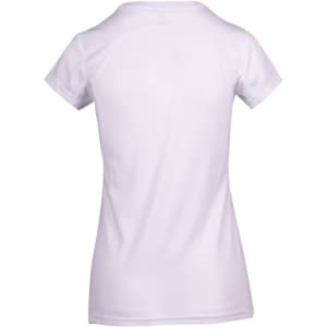 A white women's T-shirt featuring a sporty design with short sleeves and a logo.