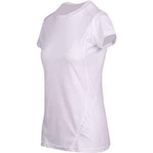 A women's short-sleeve T-shirt in white, featuring a sleek design and a logo on the front.
