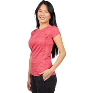 A red women's T-shirt made of 100% polyester, featuring a fitted design and a subtle branding logo.