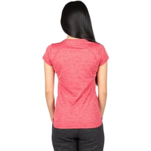 A vibrant pink women's T-shirt made of 100% polyester, featuring a back view. Includes a logo on the fabric.