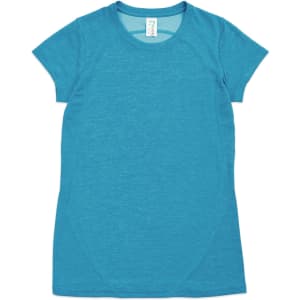 A turquoise women's T-shirt made of 100% polyester, featuring a fitted design and a logo.