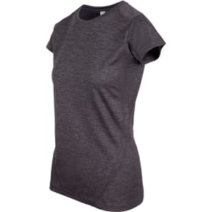 A women's short-sleeve T-shirt in dark grey, made of 100% polyester, featuring a logo on the front.