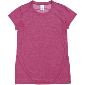 A women's T-shirt in a vibrant pink hue, made of 100% polyester, featuring short sleeves and a smooth design.