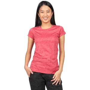 A red women's T-shirt made of 100% polyester, featuring a logo and short sleeves.