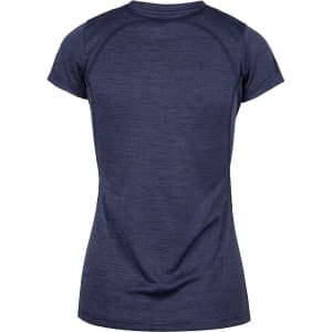 A navy blue women's T-shirt made of 100% polyester with a rounded neckline and short sleeves, featuring a logo.