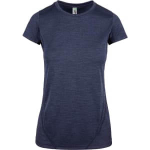 A women's T-shirt in navy blue made from 100% polyester, featuring a fitted design and a logo.