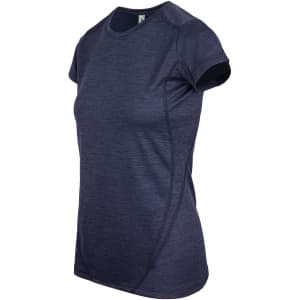 A navy women's T-shirt made of 100% polyester, featuring short sleeves and a fitted design. It includes a logo.