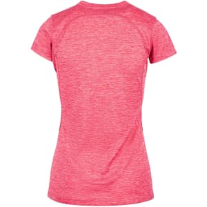A pink women's T-shirt made of 100% polyester, featuring a smooth texture and a simple design on the back.