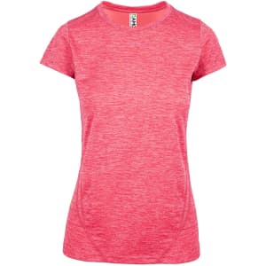 A pink women's T-shirt made of 100% polyester, featuring short sleeves and a fitted design. It includes a logo.